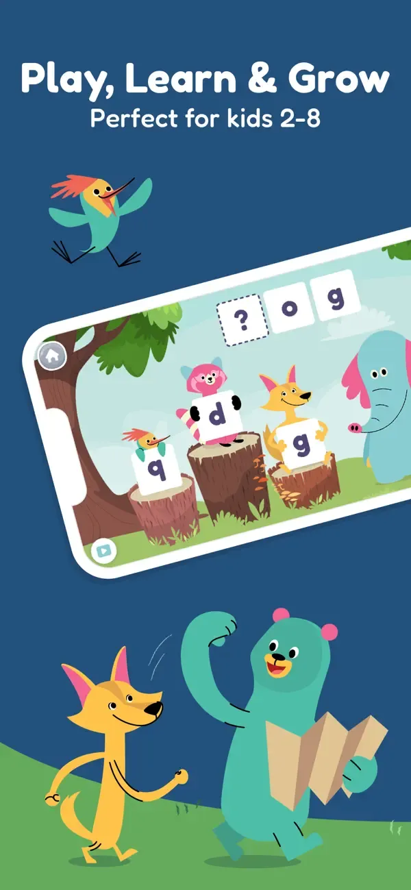 Kodi, Ollo, Reya, Sandy, and Peck gathered in the Khan Academy Kids app