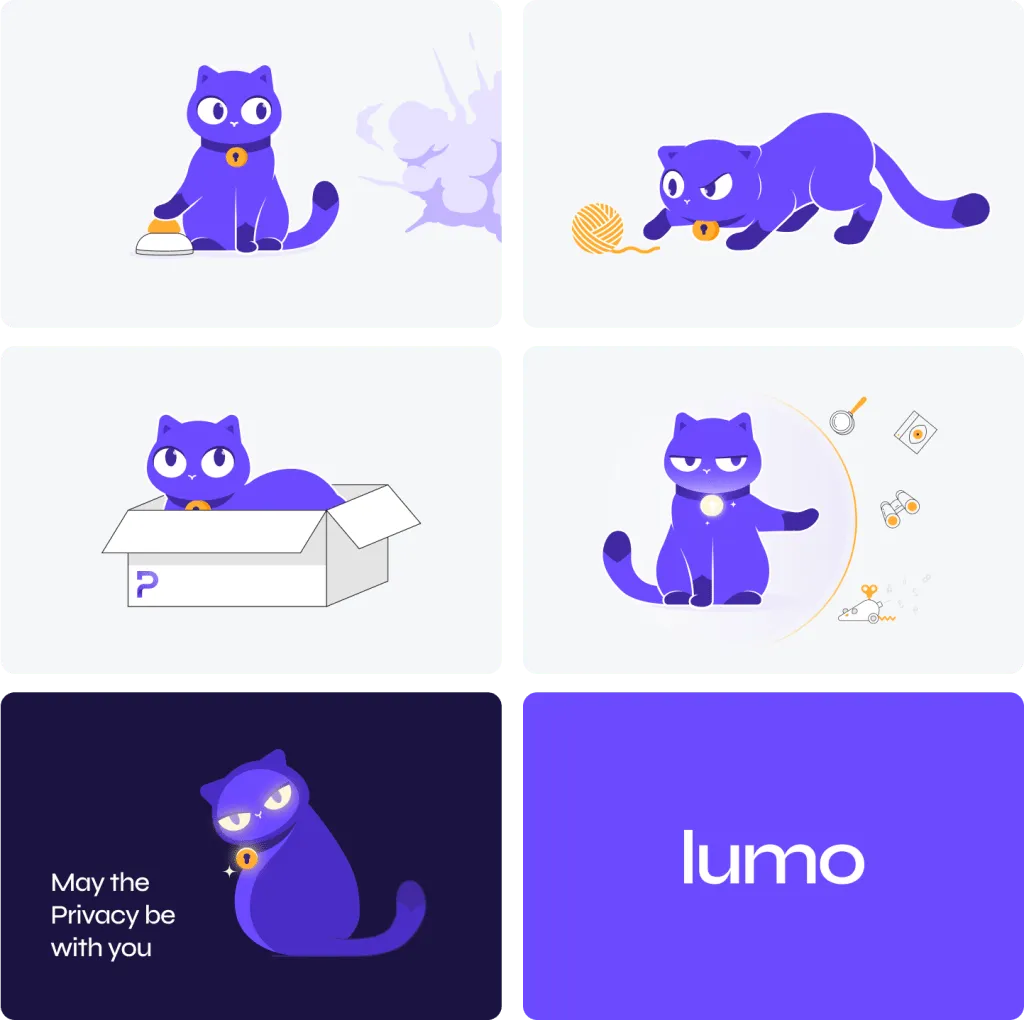 Lumo cat in multiple large playful and privacy-themed poses