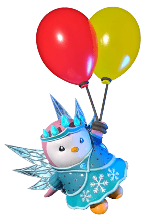 Full Pudgy Party ice-costumed penguin floating with balloons