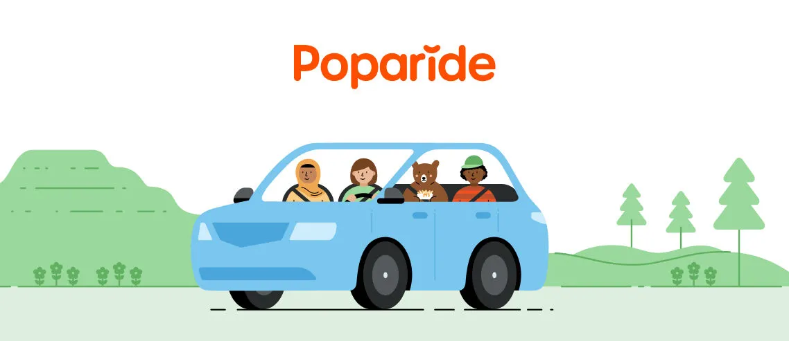 Popabear riding prominently with passengers in a Poparide campaign scene