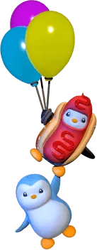 Two Pudgy Party penguin characters hanging from balloons