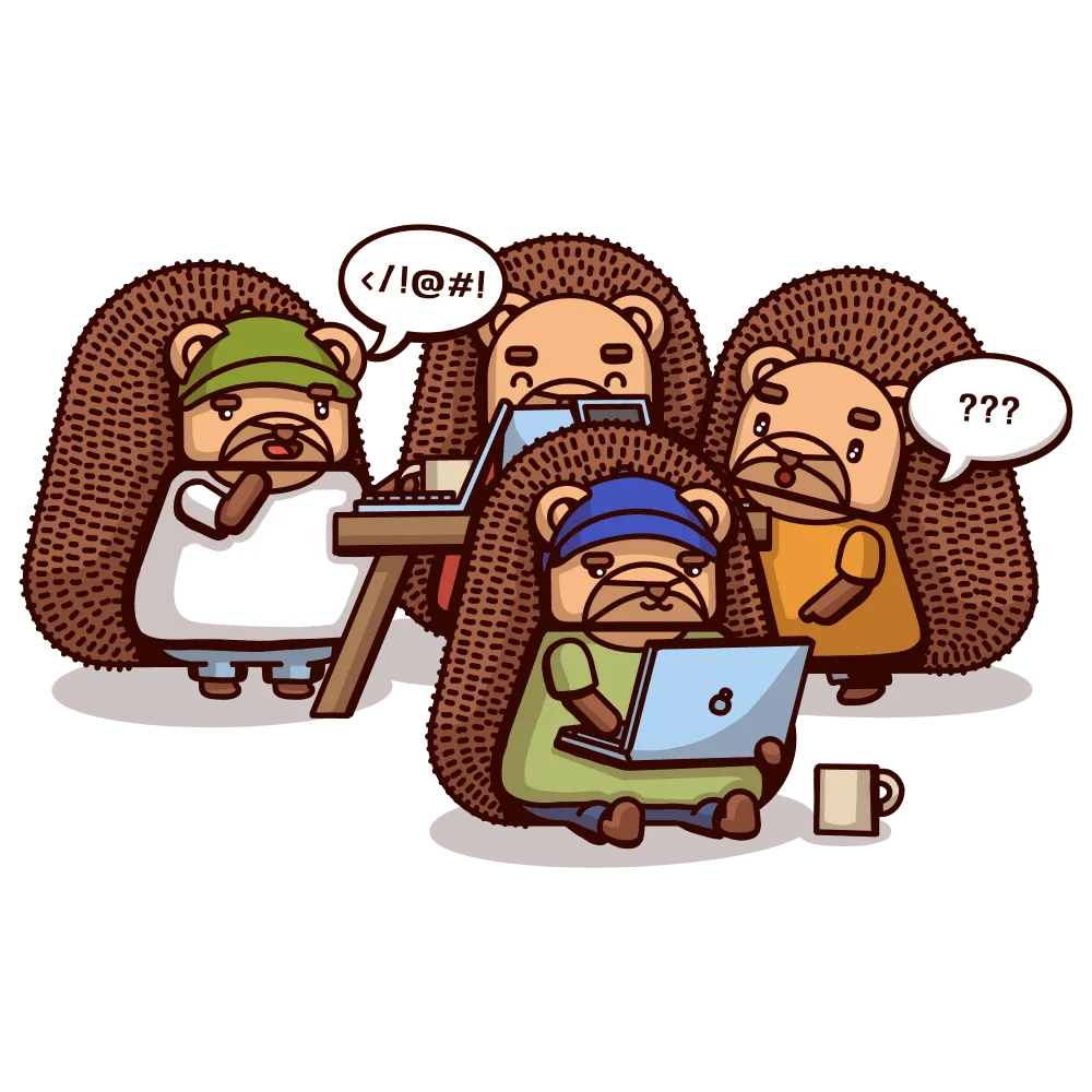 Group of PostHog hedgehog characters coding together