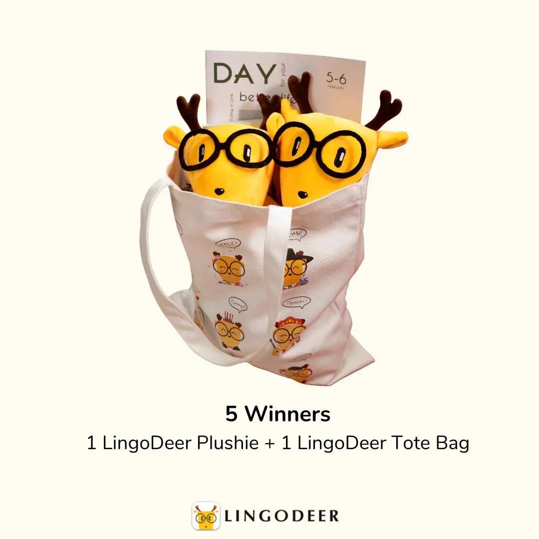 Two LingoDeer plush mascots emerging from a branded tote bag