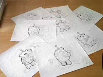 Pencil sketches exploring Roger Mozbot in different poses and costumes