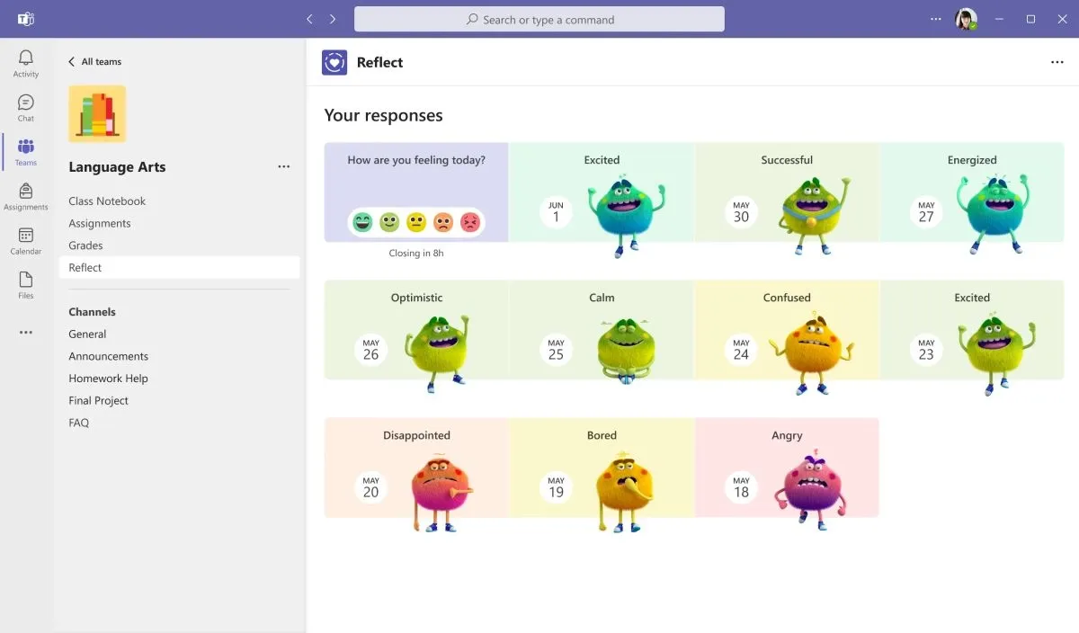 Feelings Monster characters in the Microsoft Reflect mood tracker
