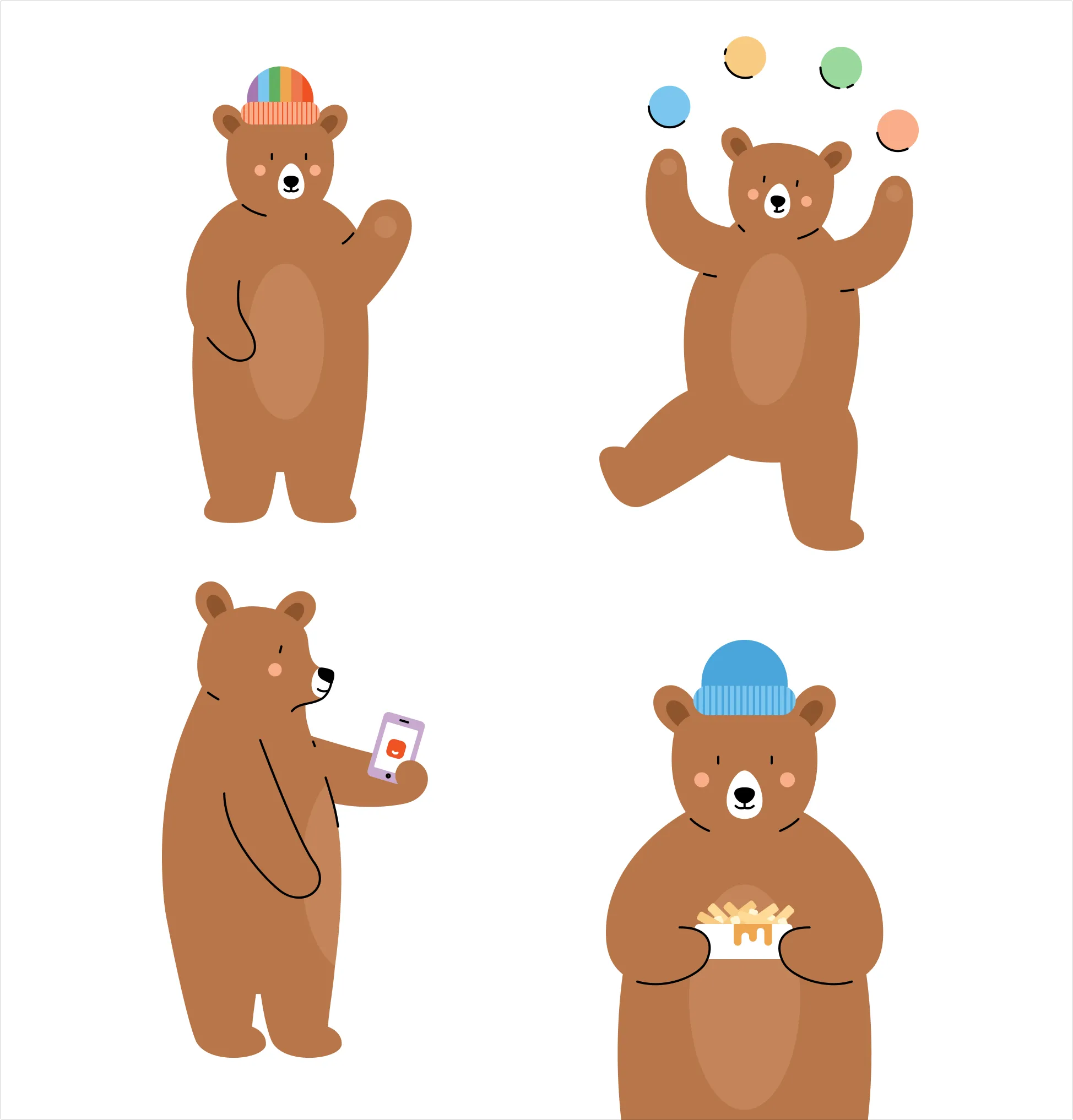 Full-body Popabear poses including juggling, using the app, and eating fries