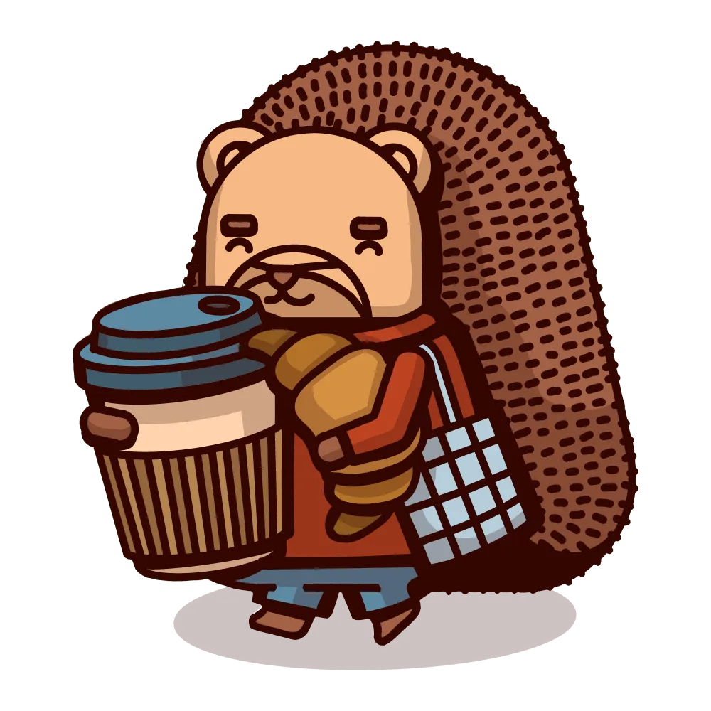 PostHog hedgehog carrying coffee in an official character scene