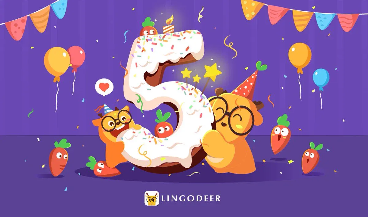 LingoDeer and baby deer celebrating the app's fifth birthday