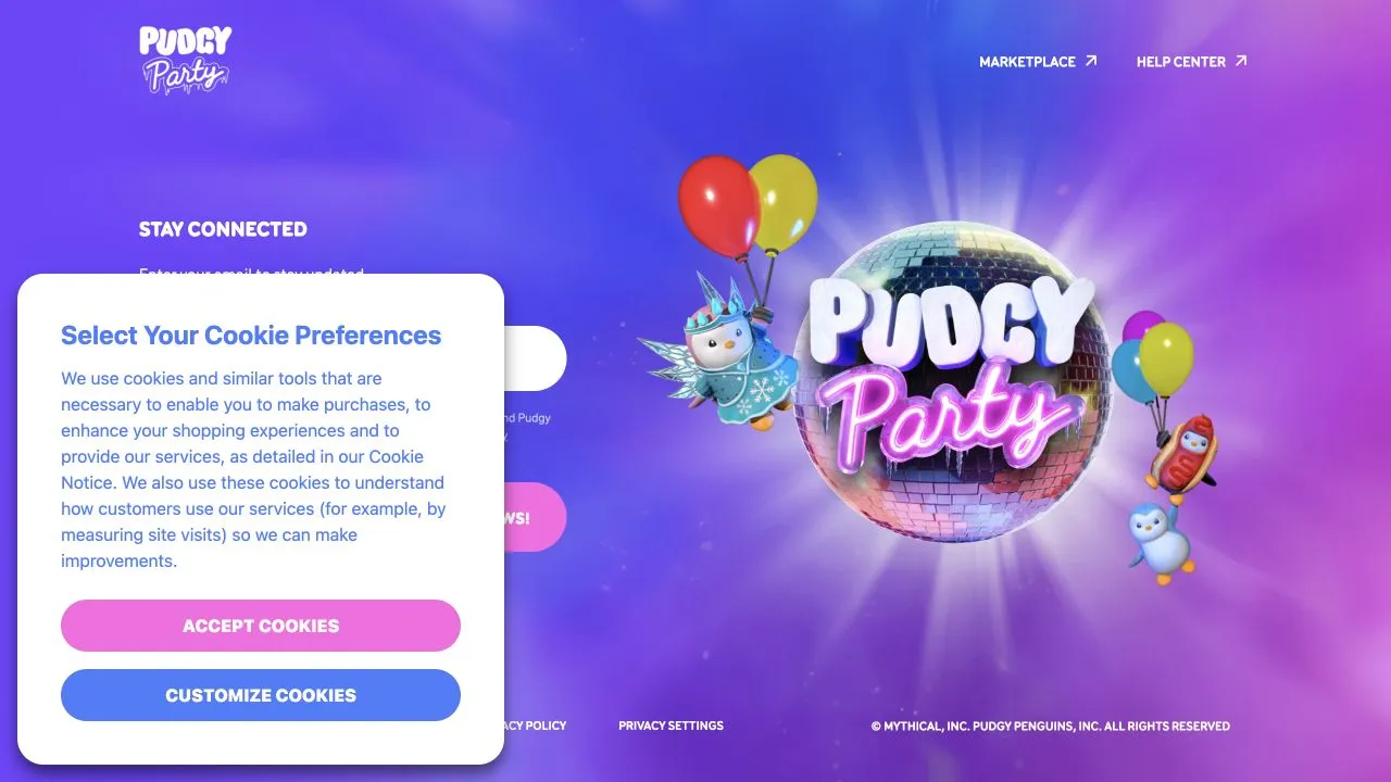 Pudgy Party characters dominating the game's official homepage