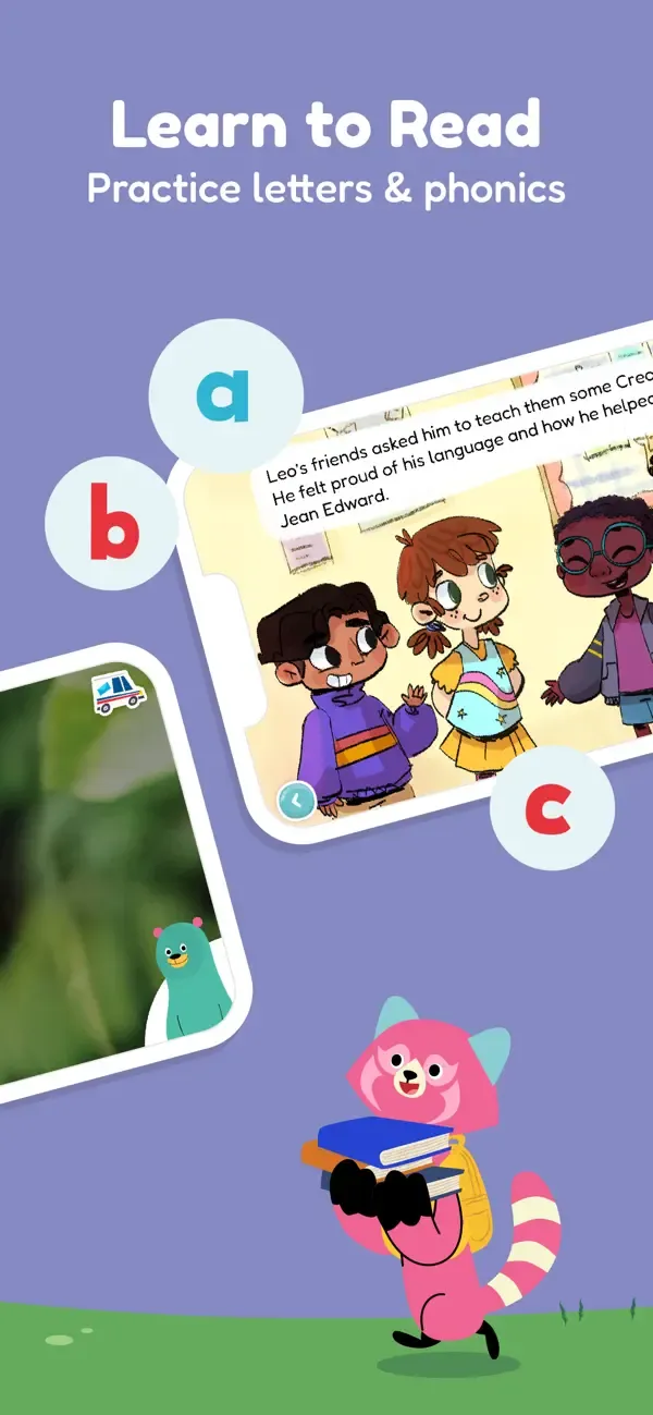 Kodi Bear reading in a Khan Academy Kids product scene
