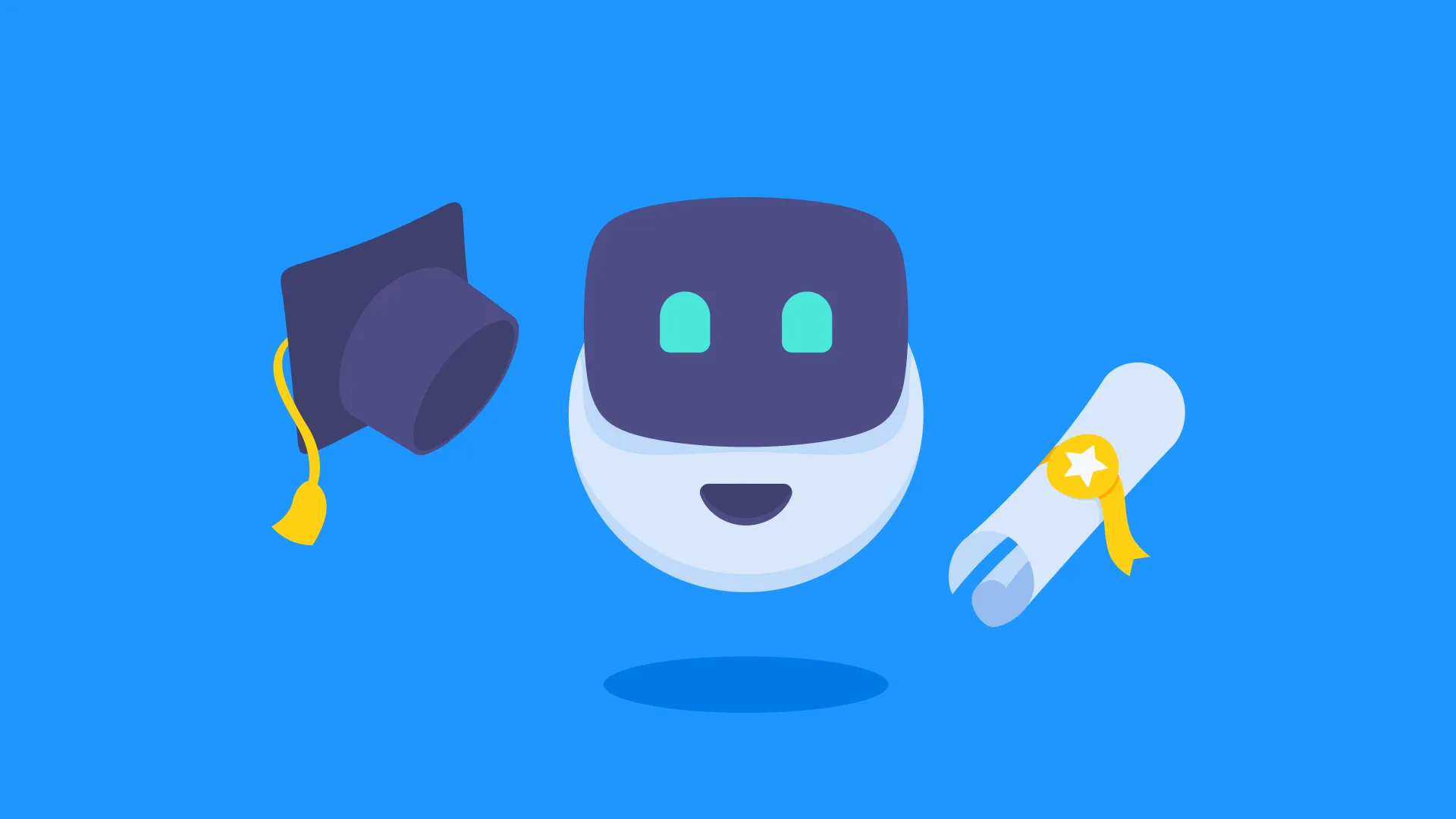 Large M1M0 robot with a graduation cap and diploma