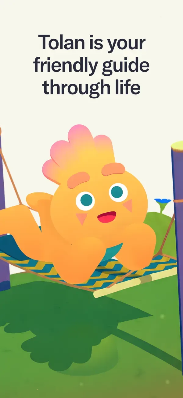 A large orange Tolan alien relaxing in its colorful room