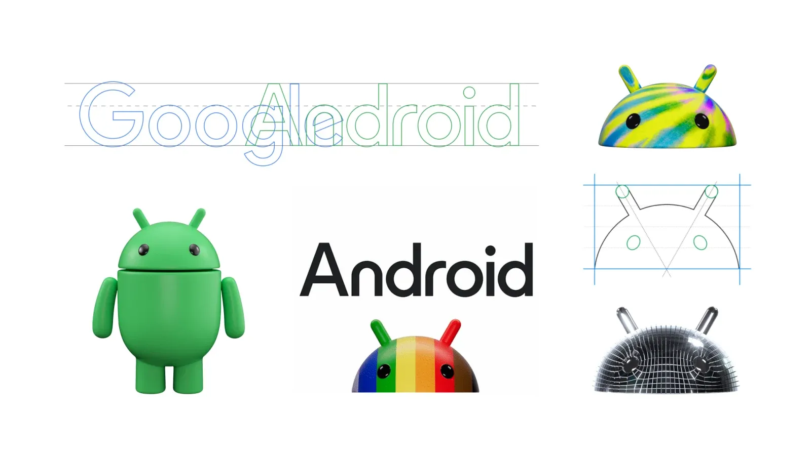 Android brand artwork showing The Bot and several colorful variants