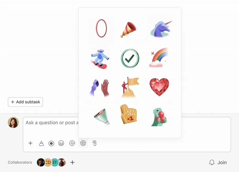 Animated Asana appreciation sticker picker featuring celebration creatures