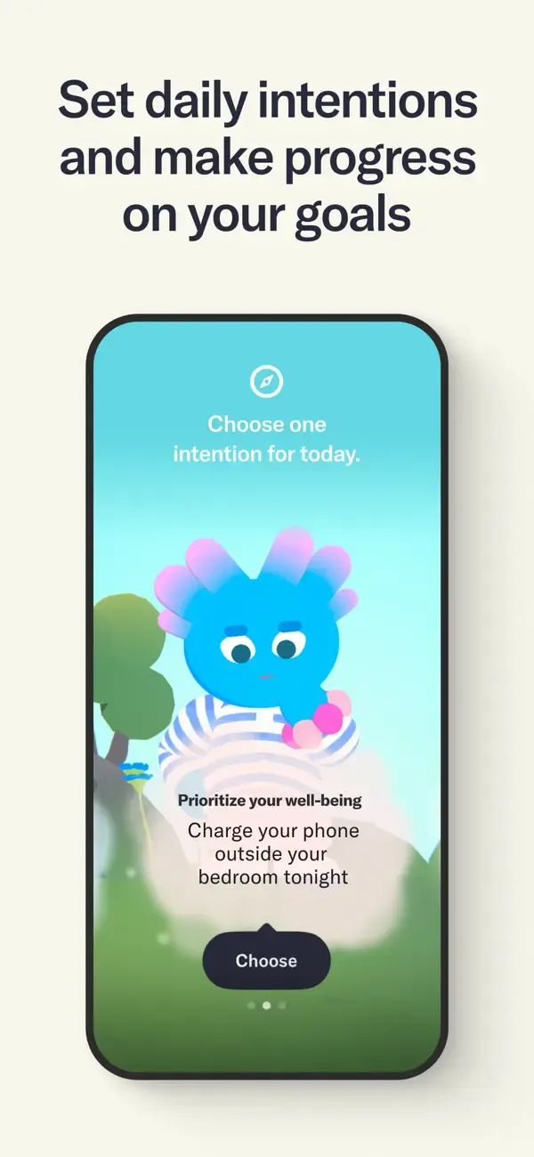A blue Tolan alien presenting a daily intention choice