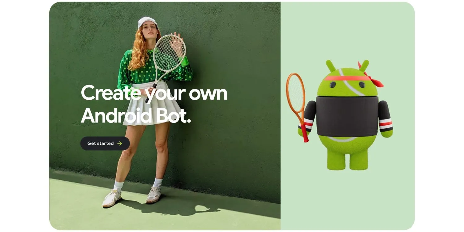 Android Bot Builder interface beside a customized Bot wearing overalls