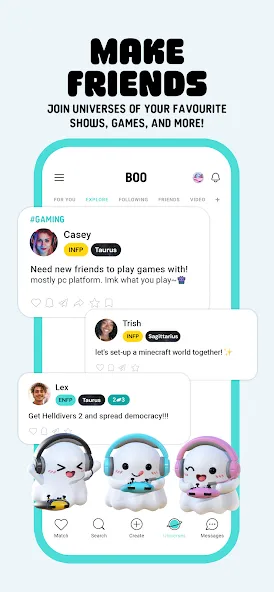Boo ghost characters wearing gaming accessories beneath a community feed