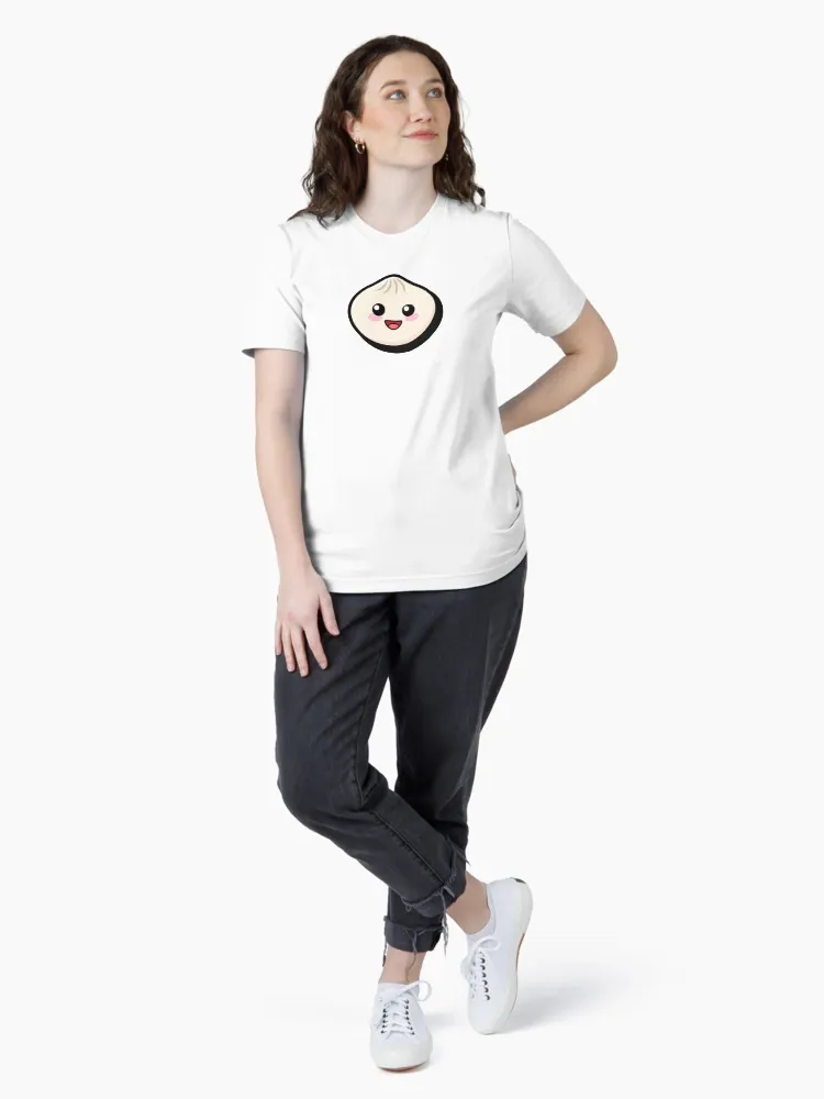 A model wearing a T-shirt printed with the smiling Bun mascot