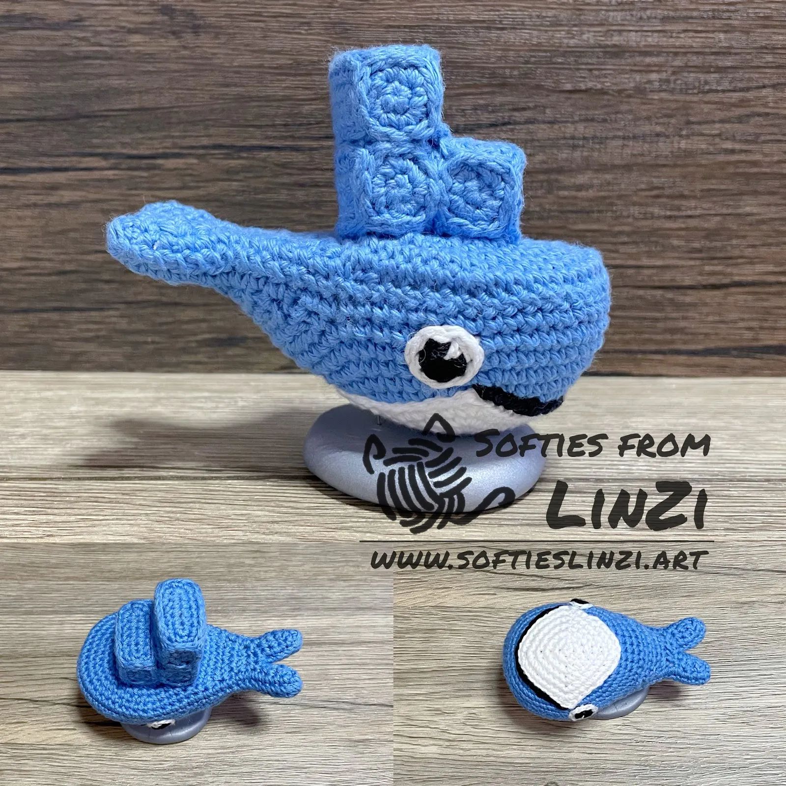 A finished hand-crocheted Moby Dock whale