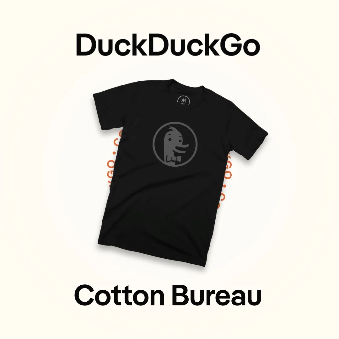 DuckDuckGo dark-mode shirt with Dax prominently printed on it