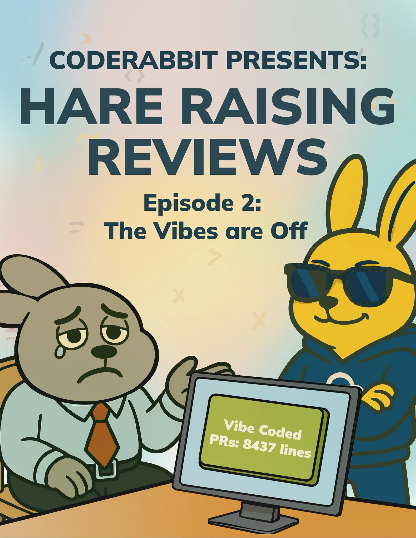 Two CodeRabbit characters reacting to an oversized vibe-coded pull request