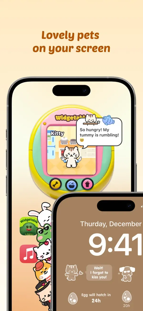 Widgetable pets living in a large virtual-pet widget and across a phone home screen