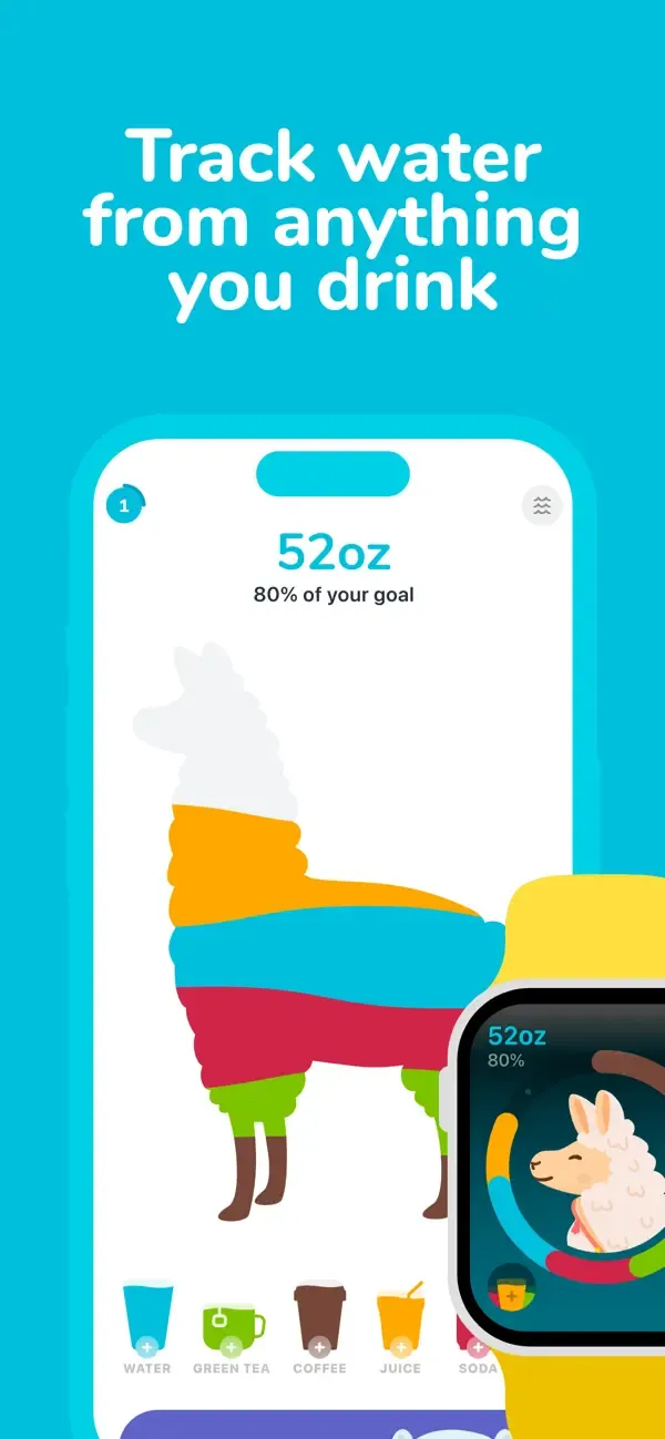 A large partially filled llama showing hydration progress in the Waterllama app