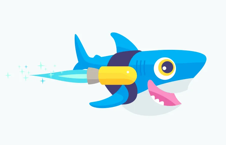 Sammy the Shark flying with a jetpack