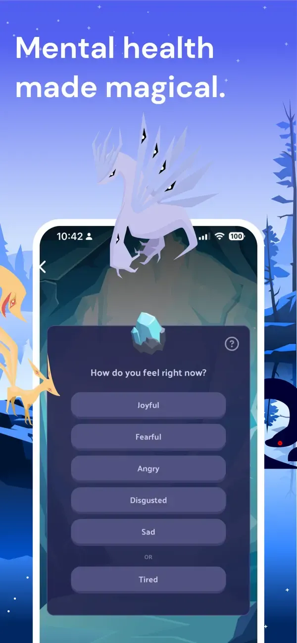 Several large angular Voidpet emotion creatures surrounding the mood check-in