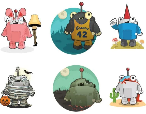 Roger Mozbot shown in a collection of themed costumes and poses
