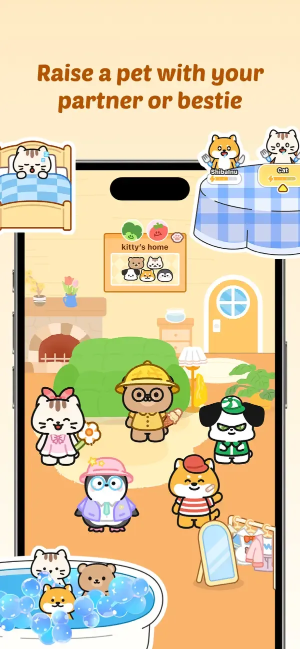 A large room filled with Widgetable cats, dogs, penguins, and other pets