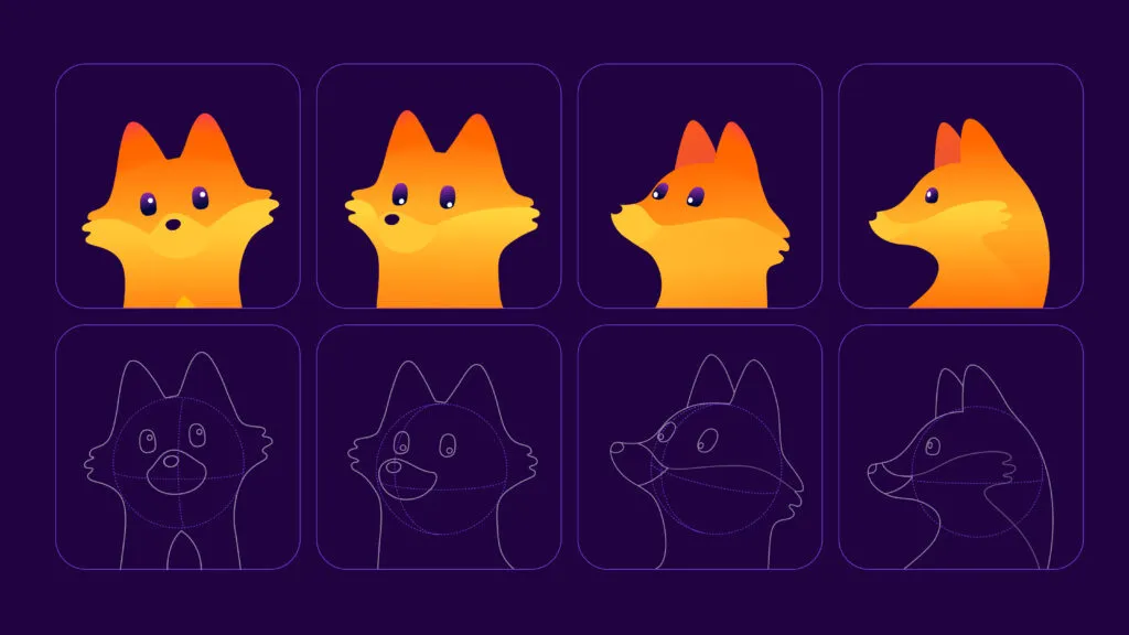 A full sheet of Kit facial expressions and construction sketches
