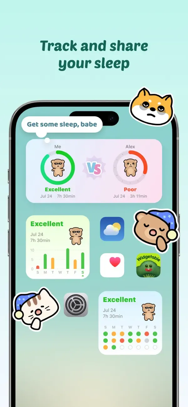 Several expressive Widgetable pets used in shared sleep tracking widgets