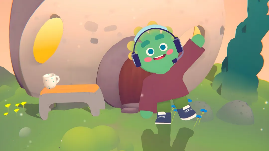 A green Tolan alien wearing headphones and waving outside its cottage