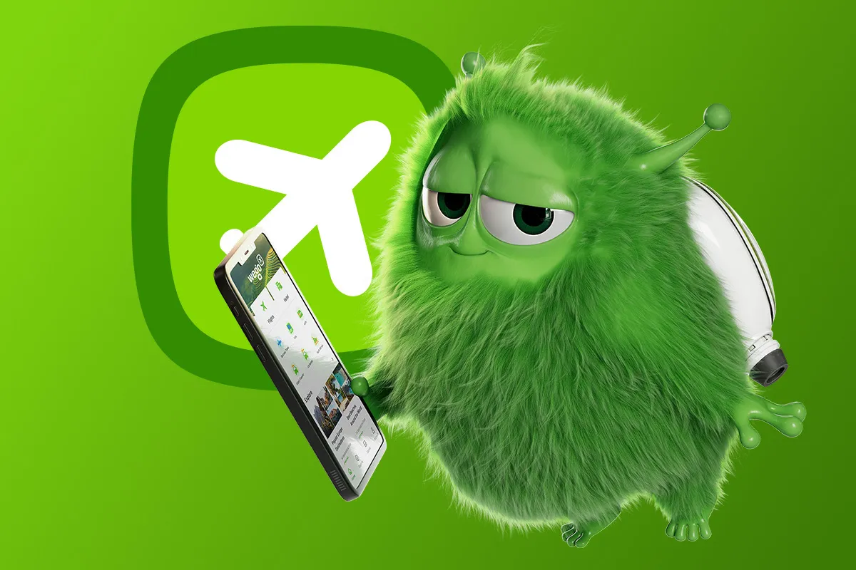 A large Weegio wearing a travel backpack and holding the Wego app