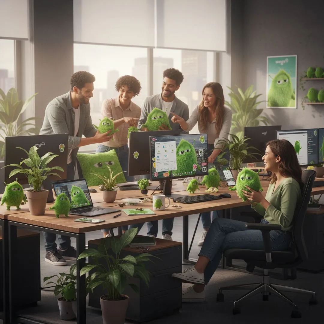 People in an office surrounded by numerous green Weegio desk mascots
