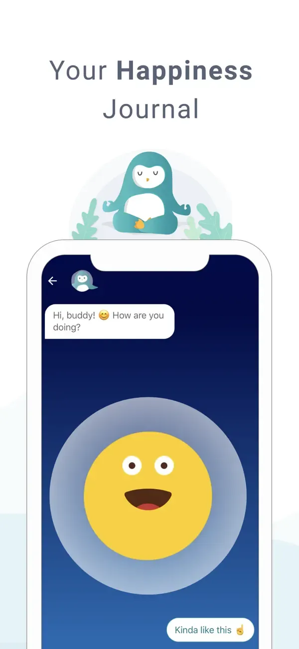 Wysa penguin meditating above an in-app journal screen