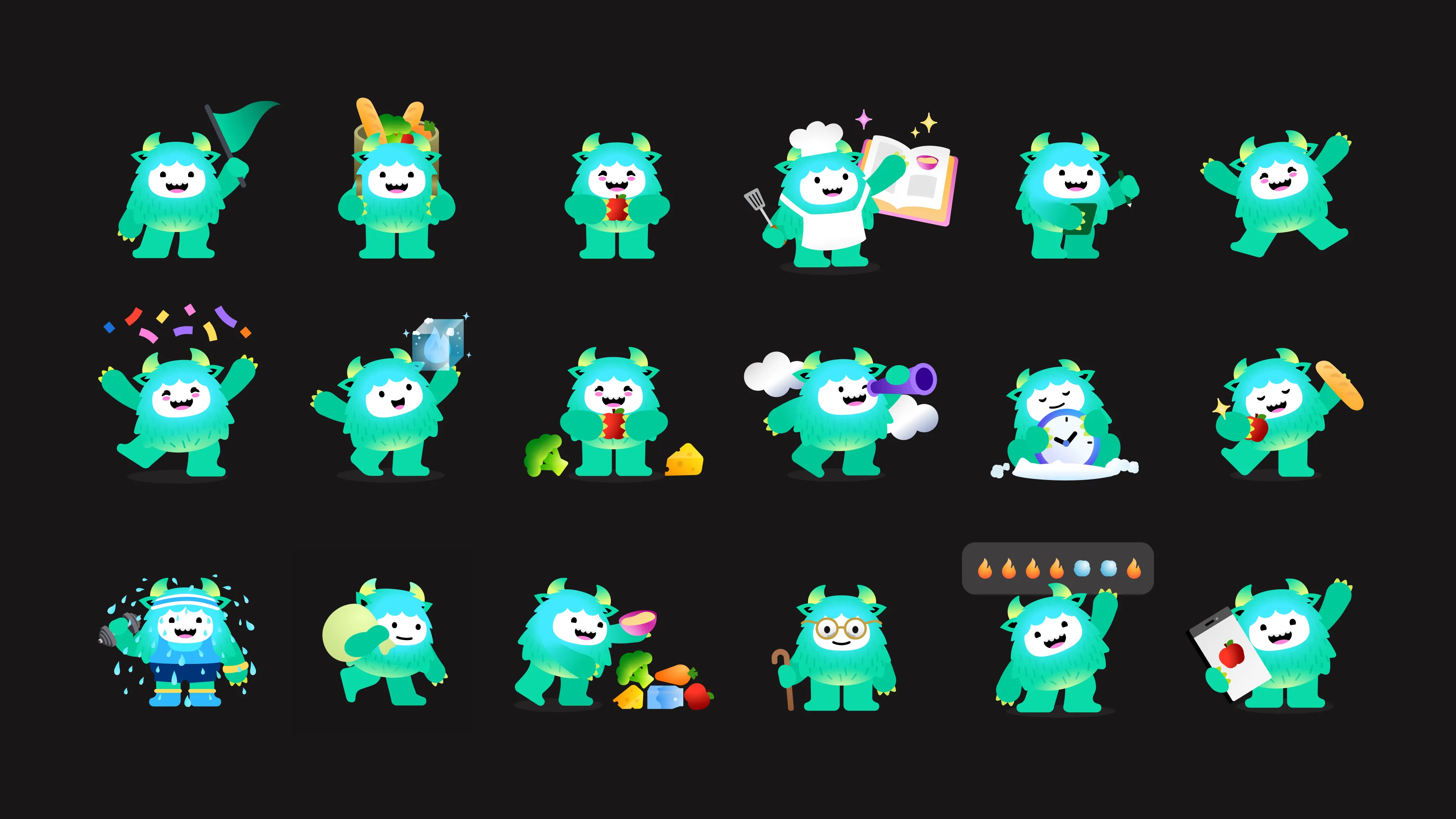 A large collection of expressive Yettie mascot poses