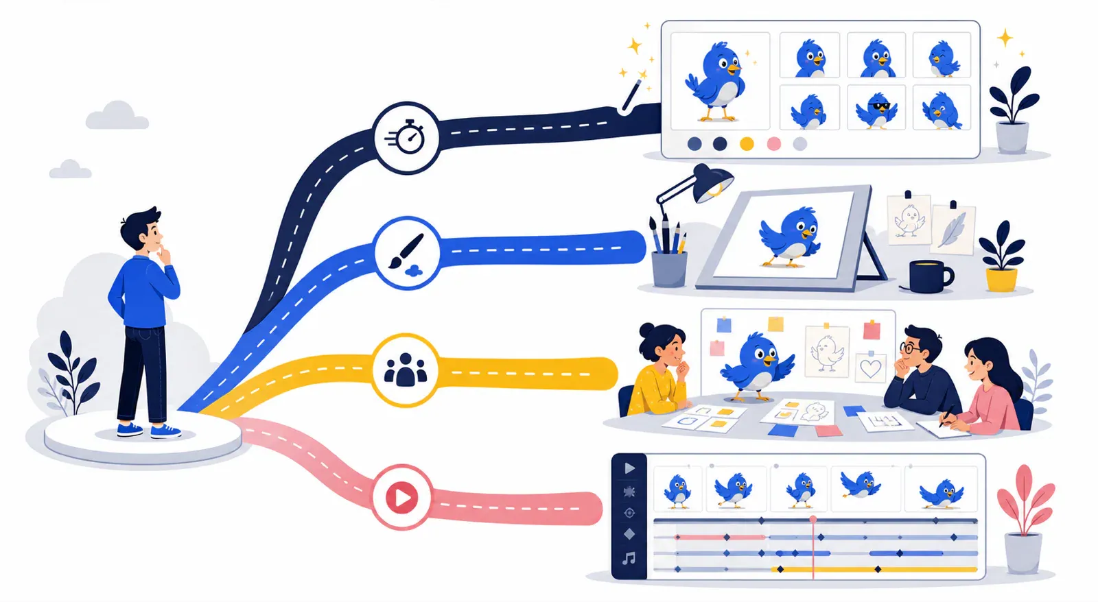 Decision map branching from a founder to AI character creation, an illustrator, a brand workshop, and animation production