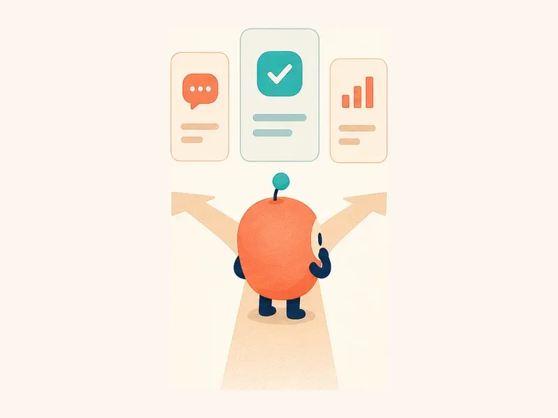 An orange app mascot choosing between communication, completion, and analytics roles