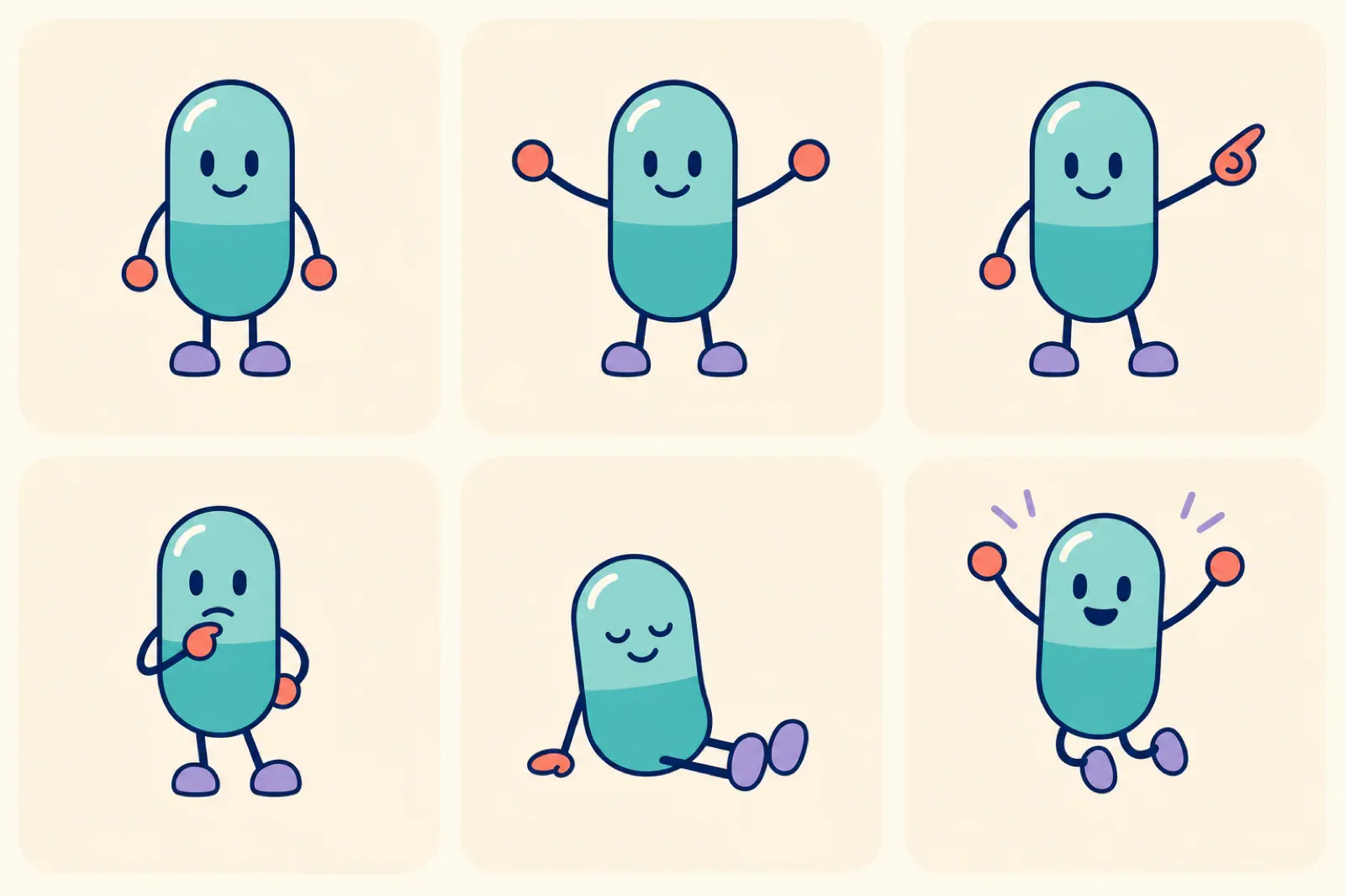 The same simple capsule-shaped mascot shown in six consistent product poses