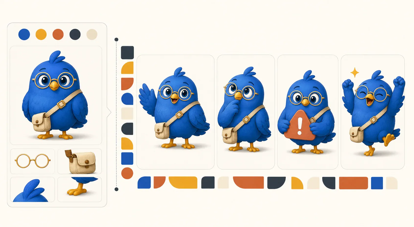 A fixed bluebird mascot reference beside consistent welcome, thinking, error, and success pose variations