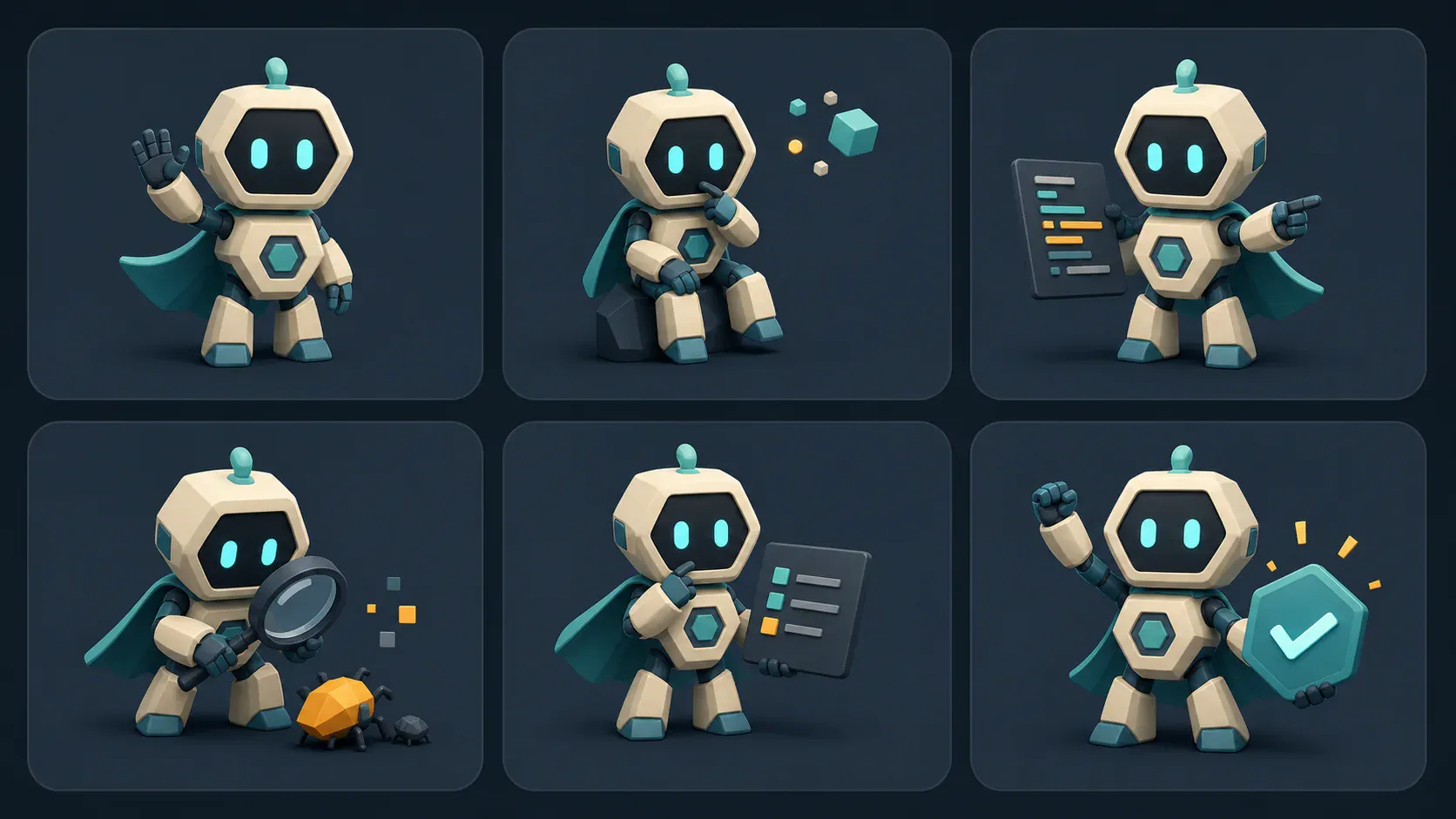 A reusable app mascot shown in several interface states generated through a coding-agent workflow