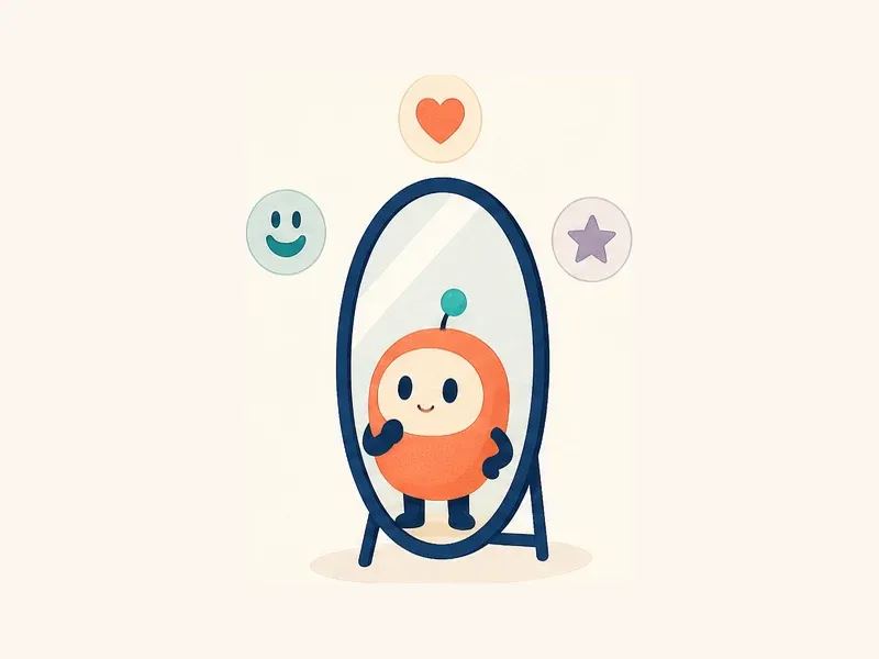 An orange app mascot looking in a mirror surrounded by friendly personality symbols
