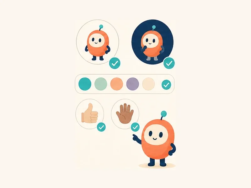 An app mascot reviewing light and dark contrast, color swatches, and inclusive gesture examples