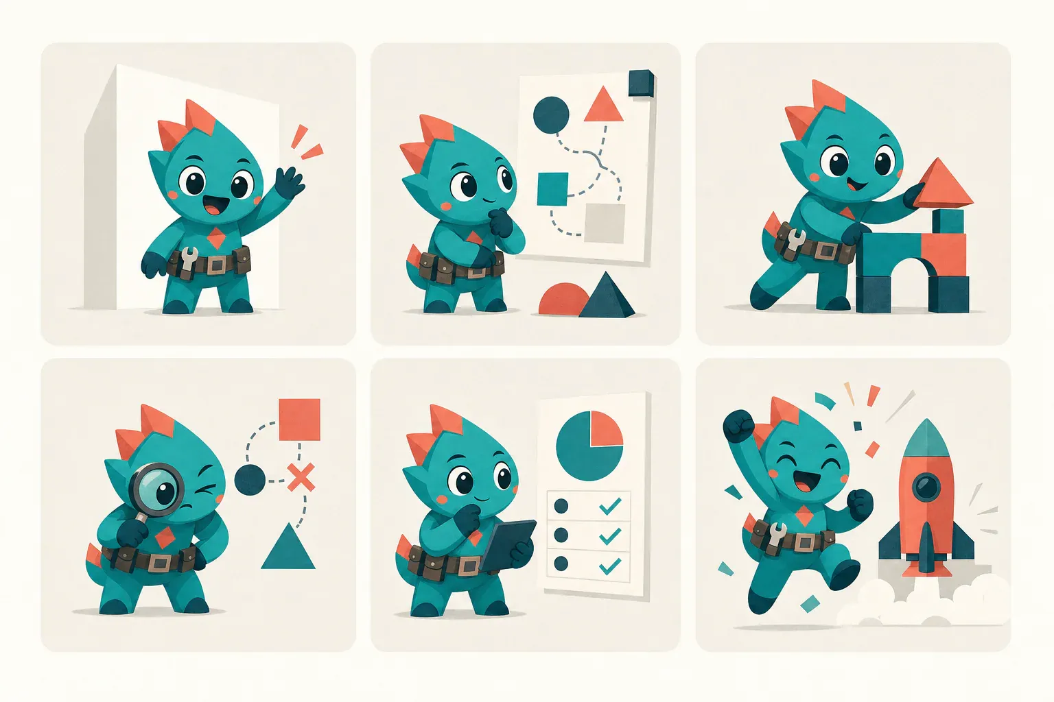 One original developer mascot shown consistently across welcome, planning, building, debugging, review, and release poses