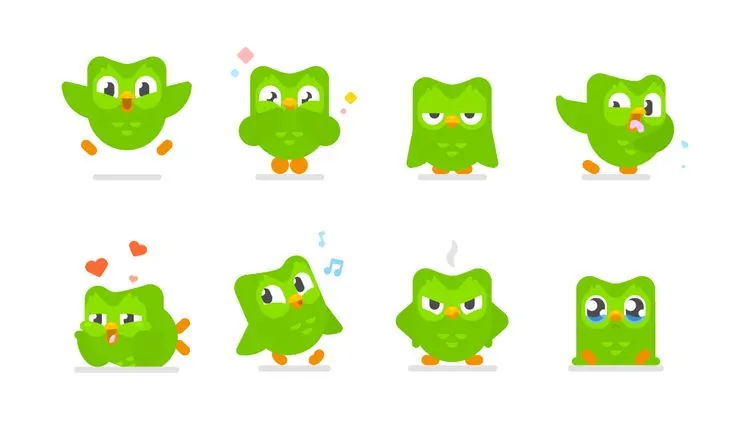 Duolingo mascot system showing Duo across multiple poses and expressions