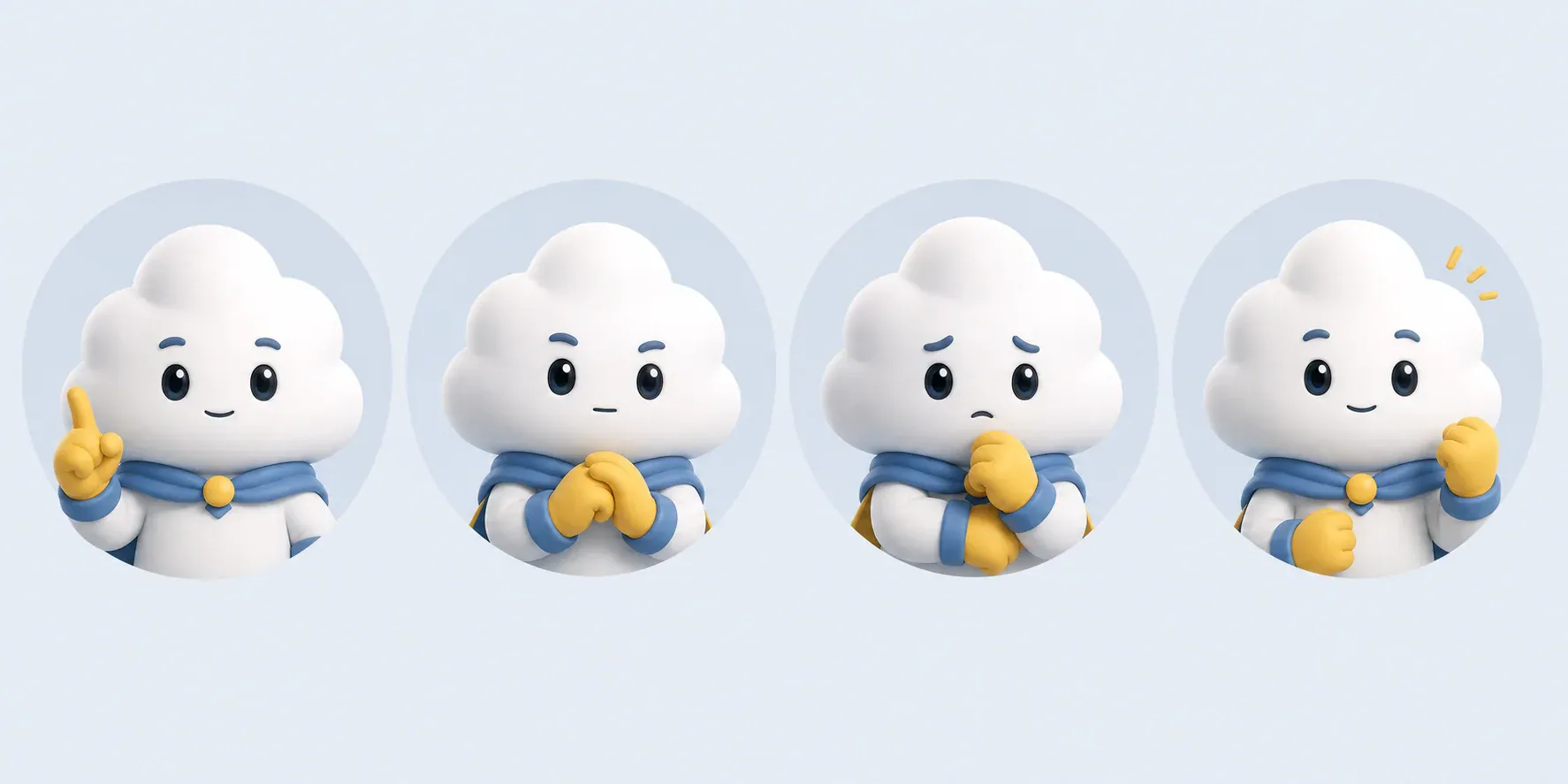 The same cloud mascot calibrated across calm guidance, focused waiting, concern, and measured celebration without changing character identity