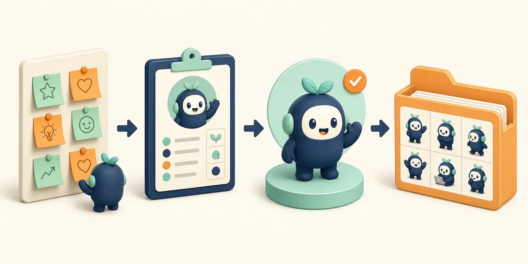 Four-step app mascot generation workflow from product moments and a character brief to an approved mascot and reusable pose files