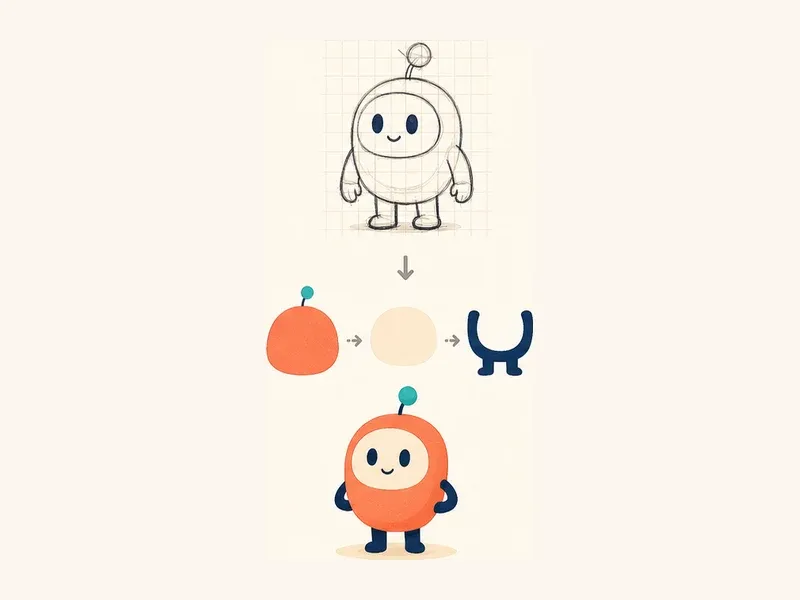 A detailed mascot sketch reduced to a few clean shapes and then rebuilt as a simple character